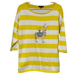 Bua Bua Women's 3/4 Long Sleeve Knit Top Blouse Yellow White Stripes Llama Large